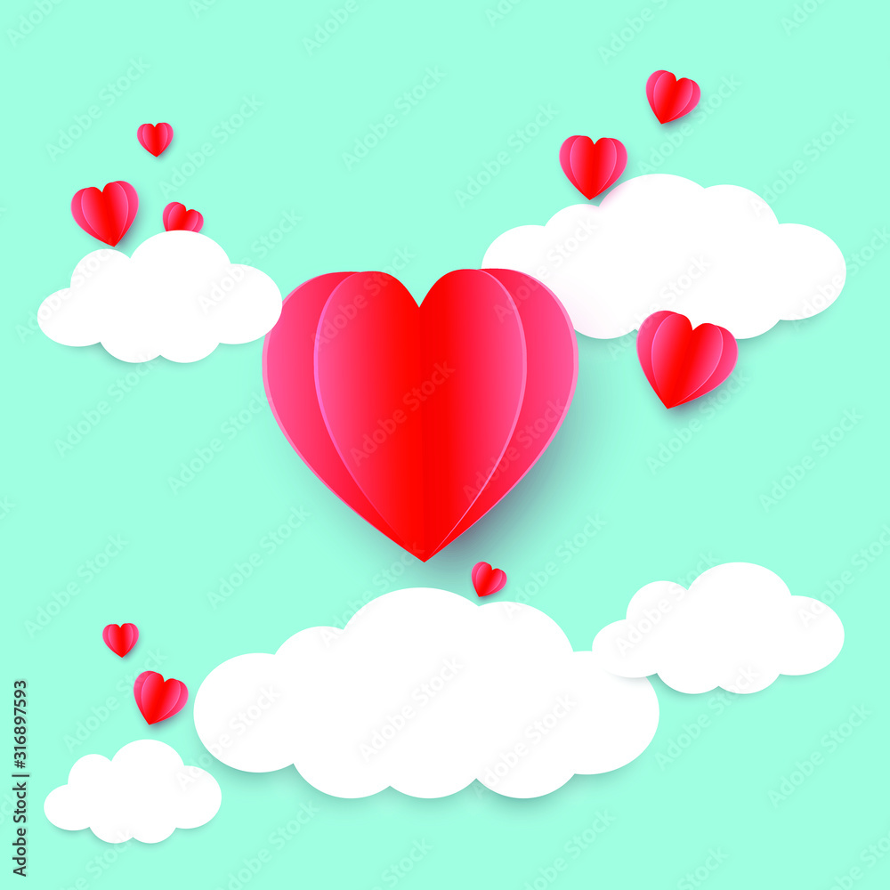 Love red heart balloon paper cut with cloud on blue background for Invitation card. Heart paper flying, clouds in the blue sky feel happy and joyful. Different shapes of red heart for Valentine's day.