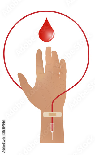 A hand raised up, sacrificing blood. Blood donation. A catheter and a Band-Aid on your arm. Donate blood to those in need. Vector eps illustration.