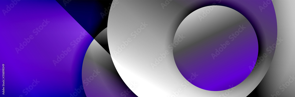 Dynamic trendy geometrical abstract background. Circles, round shapes 3d shadow effects and fluid gradients. Modern overlapping round forms