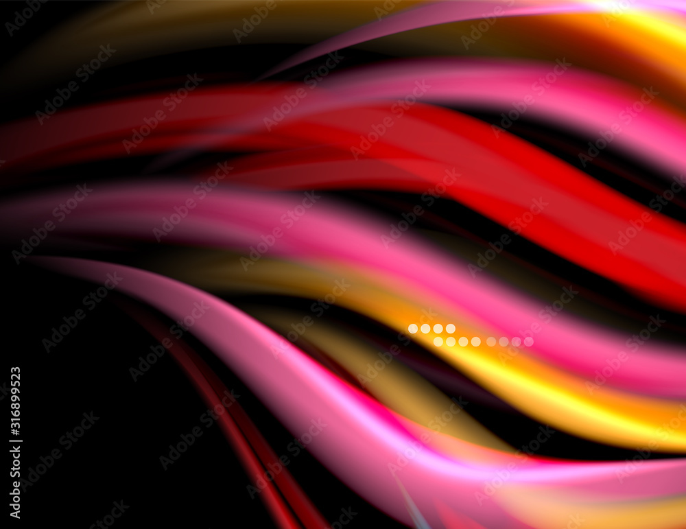 Fototapeta premium Silk smooth lines on black, liquid fluid color waves. Vector Illustration