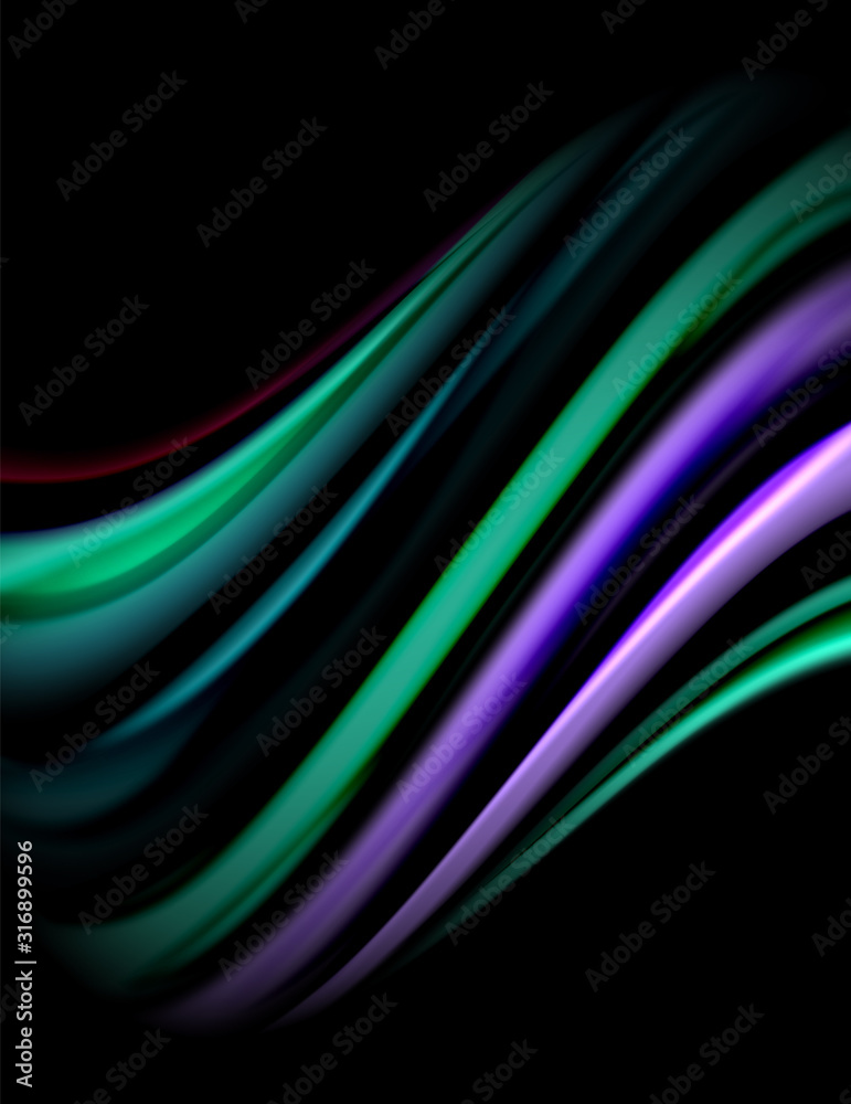 Fototapeta premium Silk smooth lines on black, liquid fluid color waves. Vector Illustration