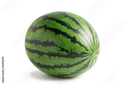 Whole watermelon isolated on a white background. Saved clipping path with and without shadow