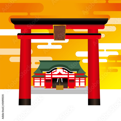 鳥居と本殿の神社のイラスト｜雲と夕日の空バック｜ベクターデータ