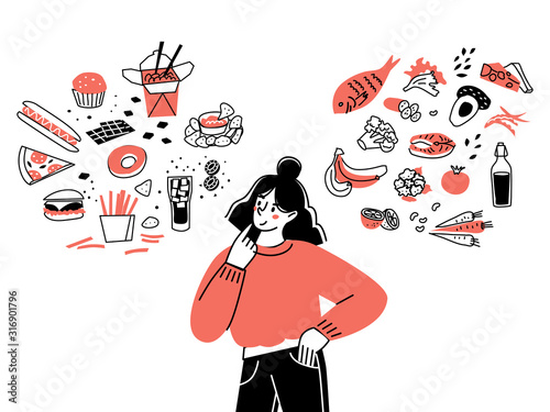 Girl character chooses between healthy and unhealthy food. Comparing fast food and balanced menu. The concept of a healthy diet.