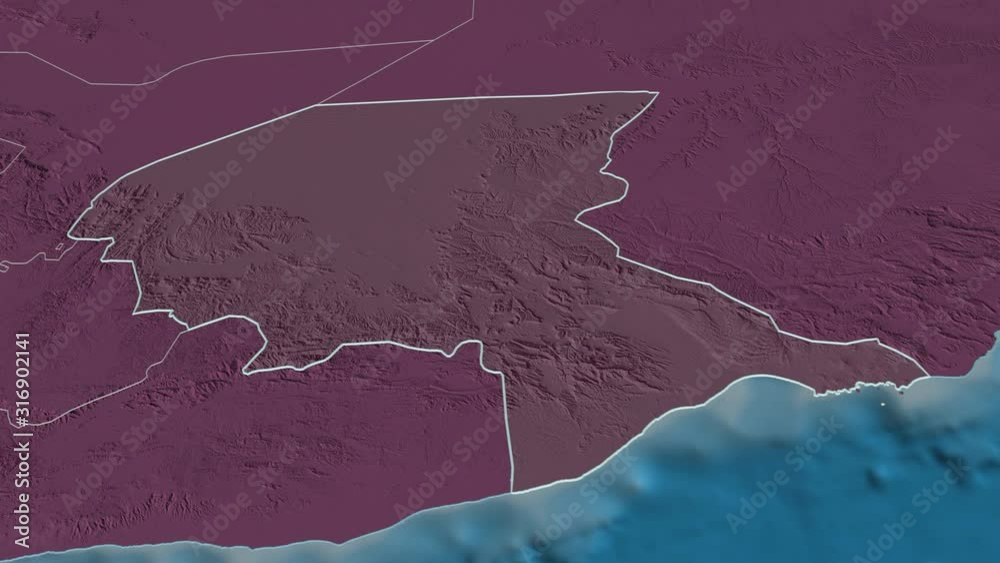 Shabwah, governorate with its capital, zoomed and extruded on the administrative map of Yemen in the conformal Stereographic projection. Animation 3D Shabwah, governorate with its capital, zoomed and extruded on the administrative map of Yemen in the conformal Stereographic projection. Animation 3D