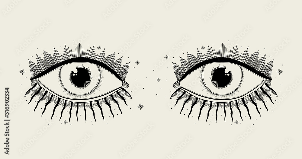 Evil Seeing eye symbol. Occult mystic emblem, graphic design tattoo. Esoteric sign alchemy, decorative style, providence sight. Evil Seeing eye symbol. Occult mystic emblem, graphic design tattoo. Esoteric sign alchemy, decorative style, providence sight.