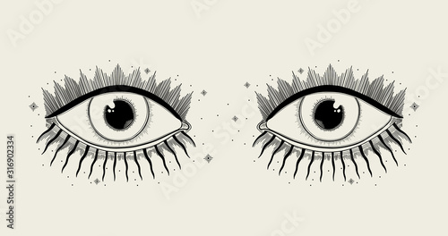 Evil Seeing eye symbol. Occult mystic emblem, graphic design tattoo. Esoteric sign alchemy, decorative style, providence sight.