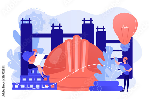 Building engineers using smart materials. Innovative construction materials, construction technology innovation, hi-tech bulding resources concept. Pinkish coral blue vector isolated illustration