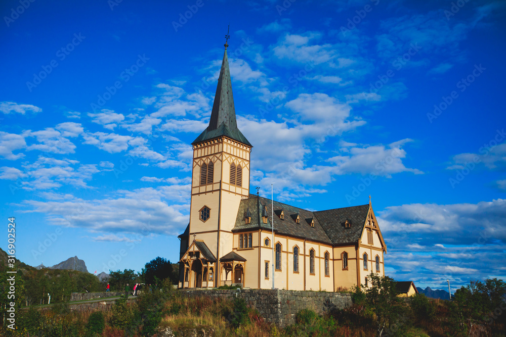 Lofoten Cathedral built in 1898 year, Lutheran parish church, Norway, Lofoten Islands, sunny summer day