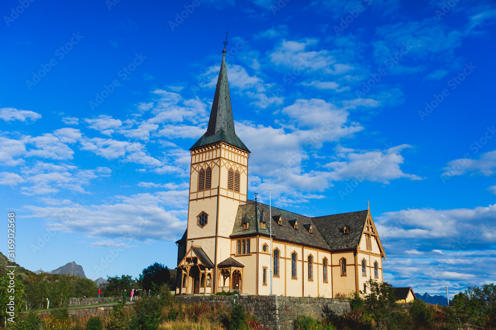 Lofoten Cathedral built in 1898 year, Lutheran parish church, Norway, Lofoten Islands, sunny summer day