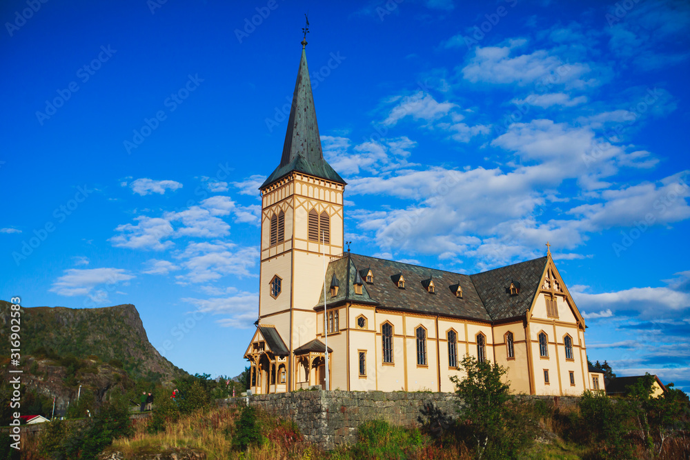 Lofoten Cathedral built in 1898 year, Lutheran parish church, Norway, Lofoten Islands, sunny summer day