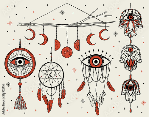 Mystic dream Catcher.Hand draw vintage line style.Boho ethnic amulet.