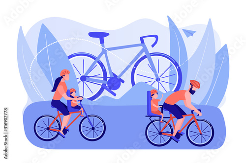 Healthy lifestyle, parents and children doing sport together. Cycling experiences, family bike walks, best bike trails, modern cycling gears concept. Pinkish coral bluevector isolated illustration
