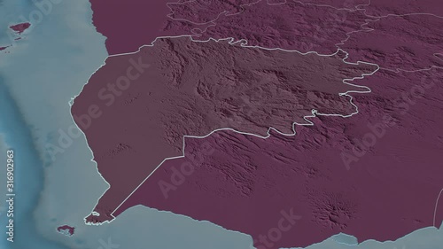 Ta`izz, governorate with its capital, zoomed and extruded on the administrative map of Yemen in the conformal Stereographic projection. Animation 3D photo