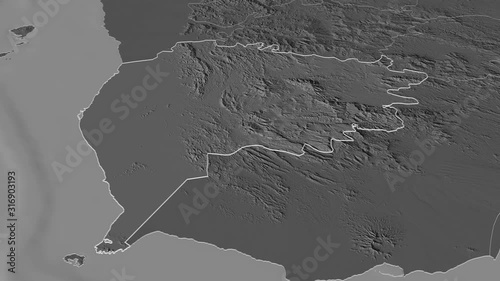 Ta`izz, governorate with its capital, zoomed and extruded on the bilevel map of Yemen in the conformal Stereographic projection. Animation 3D photo