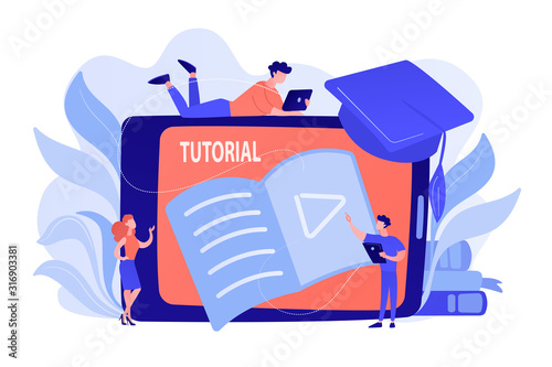 Students watching video tutorial on tablet with player sign. Online education, web educational video, online courses and training, e-learning concept. Vector isolated illustration.