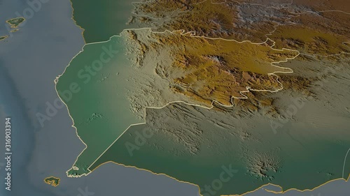 Ta`izz, governorate with its capital, zoomed and extruded on the relief map of Yemen in the conformal Stereographic projection. Animation 3D photo