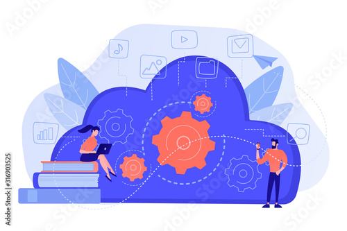 Developers using laptop and smartphone working with cloud data. Multimedia and big data architecture, database, cloud computing, cloud platform concept. Vector isolated illustration.