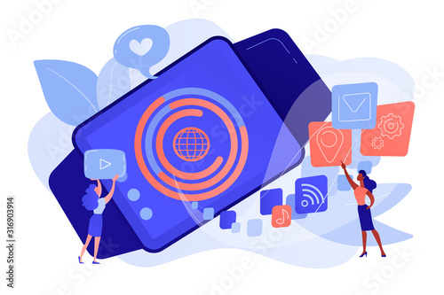 Smartwatch with applications icons and users. Smartwatch app, smartwatch development and smartwatch software concept on white background. Pinkish coral bluevector isolated illustration