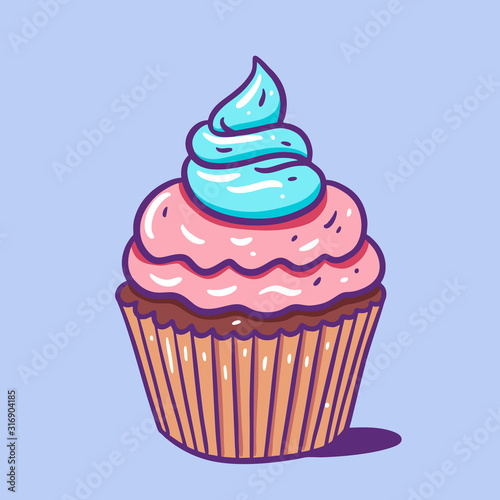 Cupcake with pink and blue cream. Hand draw vector illustration. Cartoon style.