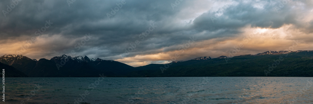 Majestic panorama of a sunset over a lake in west Patagonia, Argentina.