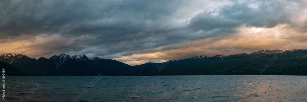 Majestic panorama of a sunset over a lake in west Patagonia, Argentina. Majestic panorama of a sunset over a lake in west Patagonia, Argentina.