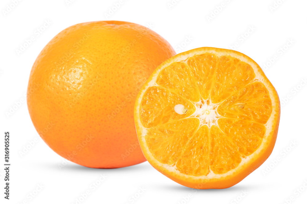 Orange fruit with orange slices and leaves isolated on white background Orange fruit with orange slices and leaves isolated on white background