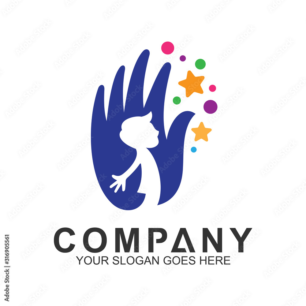 Creative Kids Logo,Family Care Logo,Hand With Kid Silhouette Inside And Colorful Stars And Bubbles Creative Kids Logo,Family Care Logo,Hand With Kid Silhouette Inside And Colorful Stars And Bubbles