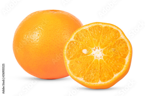 Orange fruit with orange slices and leaves isolated on white background