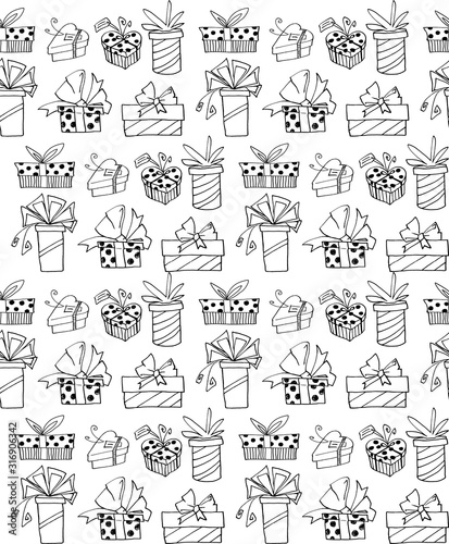 Seamless pattern with gift boxes bows and ribbons. Cute hand drawn doodles. Concept for wrapping paper  greeting cards  xmas  packaging  wedding  birthday  fabric  valentine s Day  mother s Day