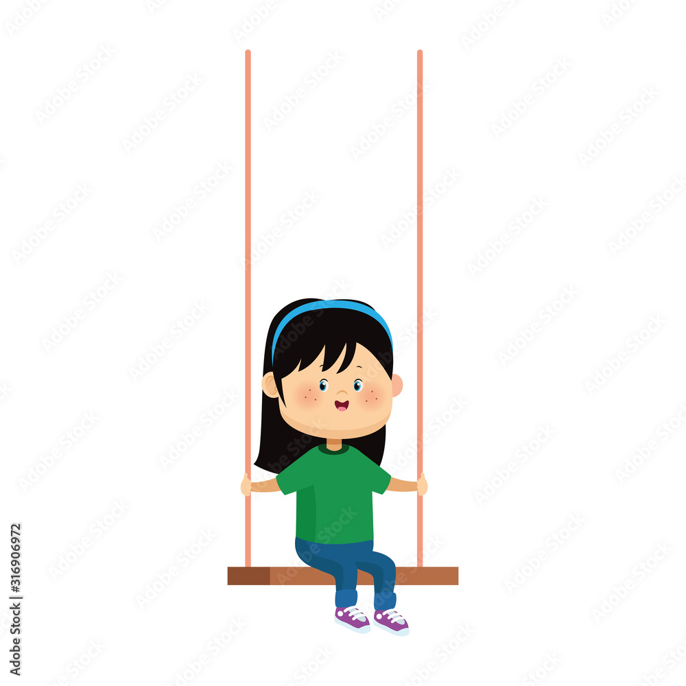 Happy girl sitting on swing, colorful design