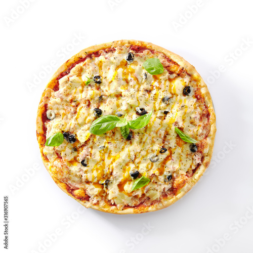 Thin Hawaiian Pizza with Chicken Fillet and Pineapples Isolated