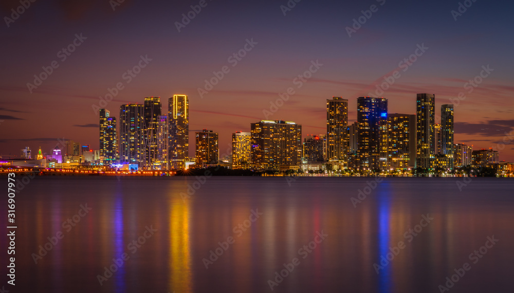 night city miami florida lights lighting buildings travel sunset panorama sea river downtown skyline