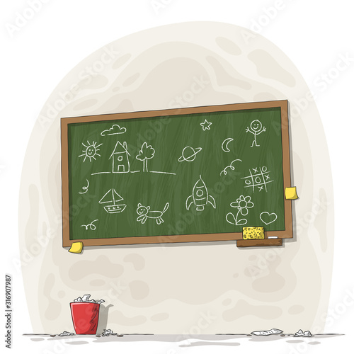 Painted blackboard with chalk, sponge and trash can. Hand drawn vector illustration with separate layers.