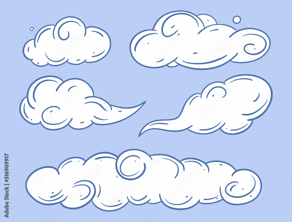 White clouds with blue outline. Hand drawn vector illustration. Cartoon style. White clouds with blue outline. Hand drawn vector illustration. Cartoon style.