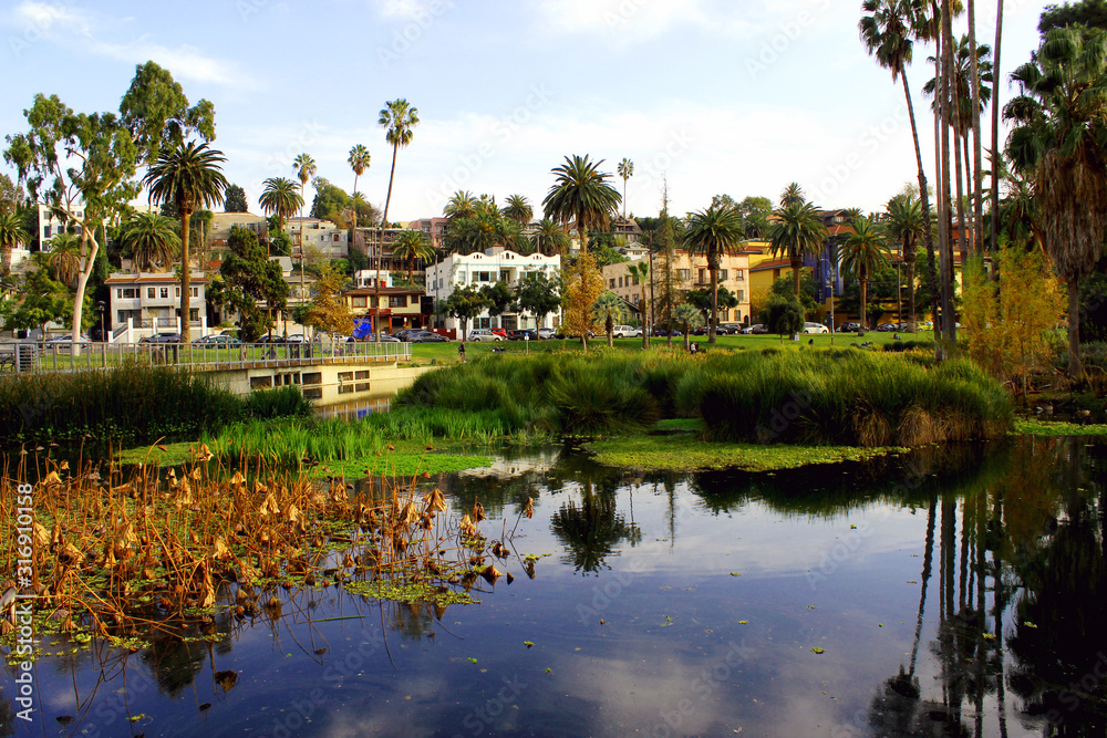 Echo Park. View of the city and apartment buildings across the lake in Echo Park. California