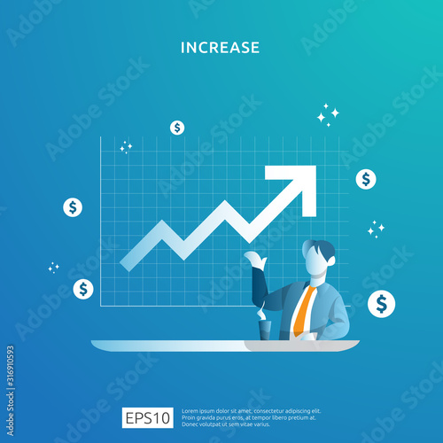 income salary rate increase concept illustration with people character and arrow. business profit growth, sale grow margin revenue with dollar symbol. Finance performance of return on investment ROI