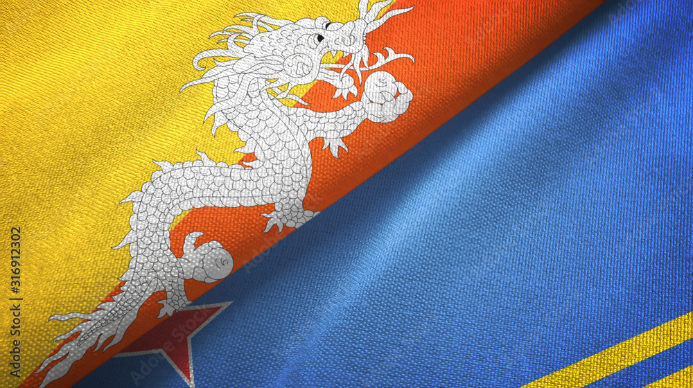 Bhutan and Aruba two flags textile cloth, fabric texture Bhutan and Aruba two flags textile cloth, fabric texture