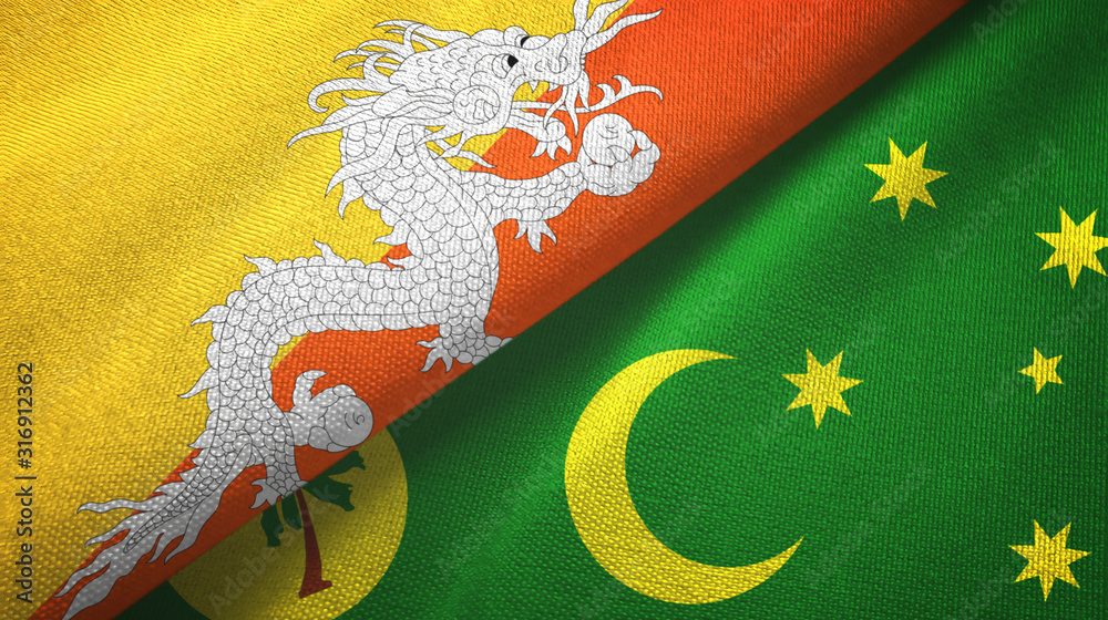 Bhutan and Cocos Keeling Islands two flags textile cloth, fabric texture Bhutan and Cocos Keeling Islands two flags textile cloth, fabric texture