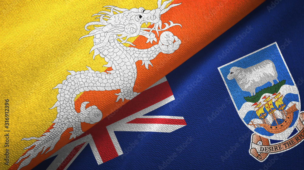 Bhutan and Falkland Islands two flags textile cloth, fabric texture Bhutan and Falkland Islands two flags textile cloth, fabric texture