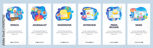 News media report, press conference, tv journalist. Mobile app onboarding screens. Menu vector banner template for website and mobile development. Web site design flat illustration