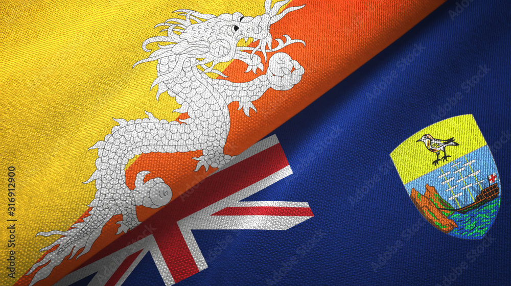 Bhutan and Saint Helena two flags textile cloth, fabric texture Bhutan and Saint Helena two flags textile cloth, fabric texture