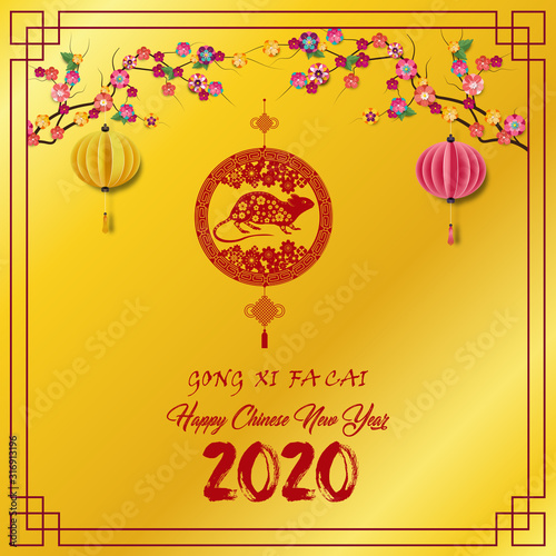 Happy Chinese New Year 2020 greeting card. Year of the rat