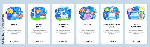 Airport control tower, flight pilot, safety rules, security control. Mobile app onboarding screens. Menu vector banner template for website and mobile development. Web site design flat illustration