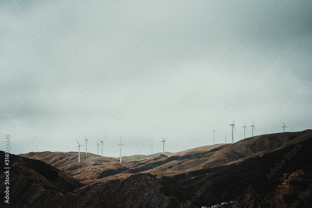 Landscape With Wind Turbine farm in Wellington, New Zealand
