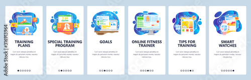 Fitness tracker app, sport training plan in mobile phone, fitness gadget. Mobile app onboarding screens. Menu vector banner template for website and development. Web site design flat illustration