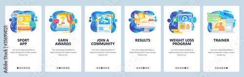 Sport mobile app, fitness community, tournament award, online trainer. Mobile app onboarding screens. Menu vector banner template for website and development. Web site design flat illustration