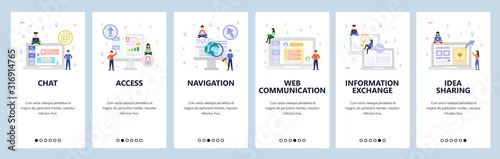 Online chat and web support, secure access, communication and shate information. Mobile app onboarding screens. Menu vector banner template for website and mobile. Web site design flat illustration
