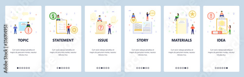 Open book, todo list, office materials. Mobile app onboarding screens. Menu vector banner template for website and mobile development. Web site design flat illustration