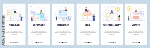 Computer technology icons, interface, software development. Mobile app onboarding screens. Menu vector banner template for website and mobile development. Web site design flat illustration